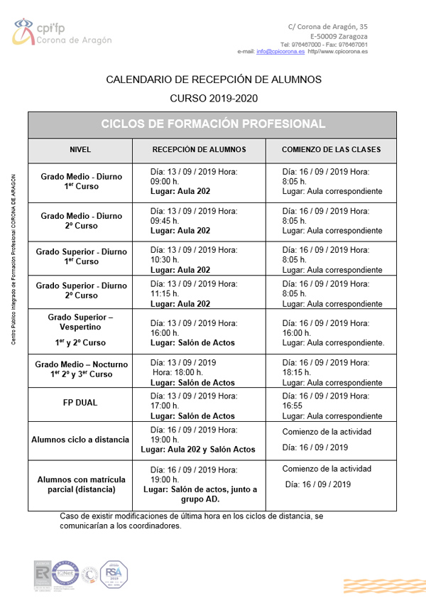 2019 Calendario Recepción Alumnos