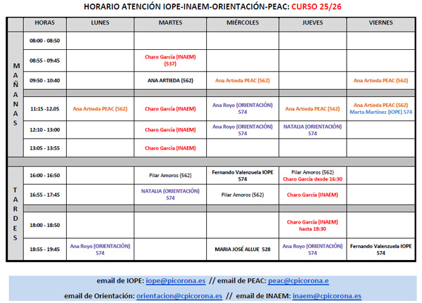 2026 Horario IOPE INAEM ORIENTACION PEAC